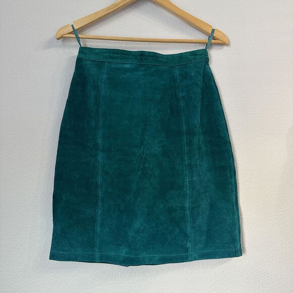 VTG International Leather Collection Skirt Suede 80s/90s Green 100% Leather 7/8 - Picture 1 of 5